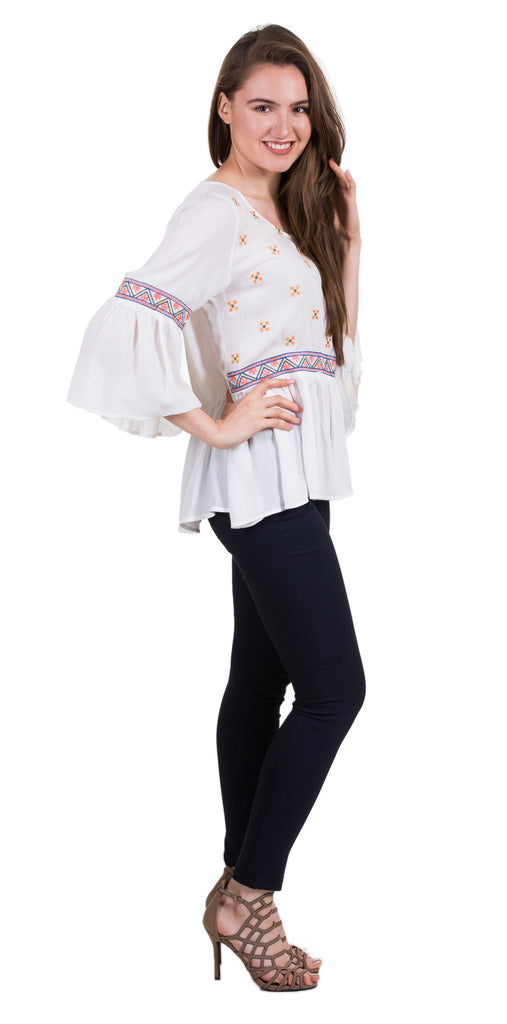 Bell Sleeve Embroidery Detail Blouse, White