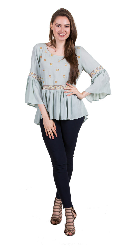 Bell Sleeve Embroidery Detail Blouse, Sage
