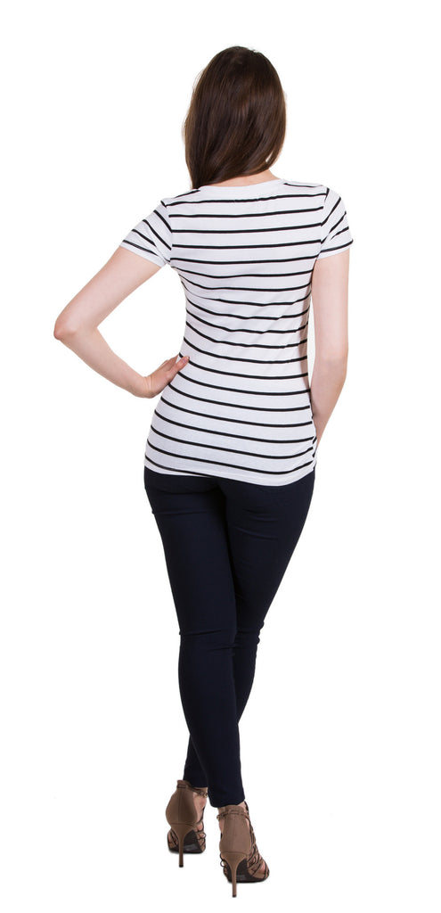 Short Sleeve Striped V-Neck Top, White/Black