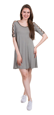 Elbow Sleeve Strap Detail Dress, Black/White