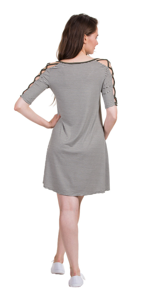 Elbow Sleeve Strap Detail Dress, Olive/White