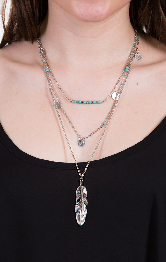 Layered Turquoise Feather Necklace, Silver