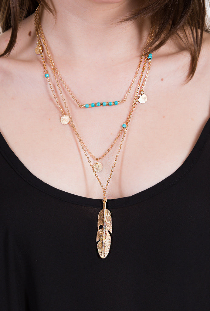 Layered Turquoise Feather Necklace, Gold