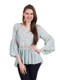 Bell Sleeve Embroidery Detail Blouse, Sage