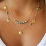 Layered Turquoise Beads Gold Charm Necklace