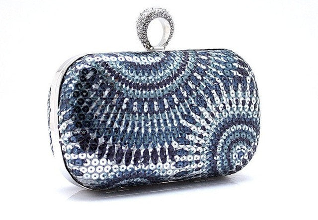 Knuckle Ring Clutch Evening Bag, Silver/Blue