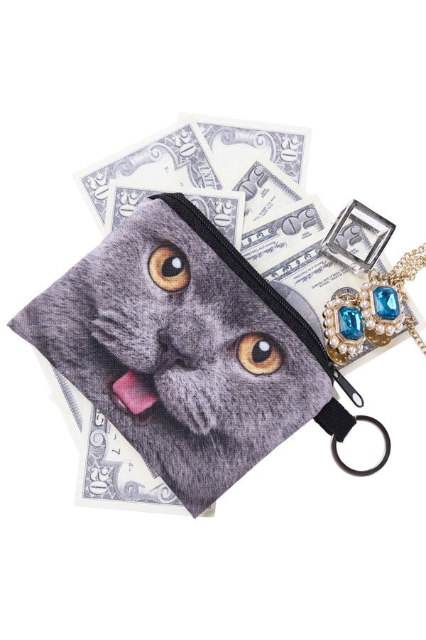 Printed Pouch Wallet, Gray British Cat