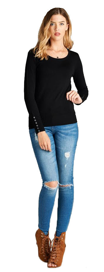 Crew Neck Sweater With Sleeve Buttons, Black