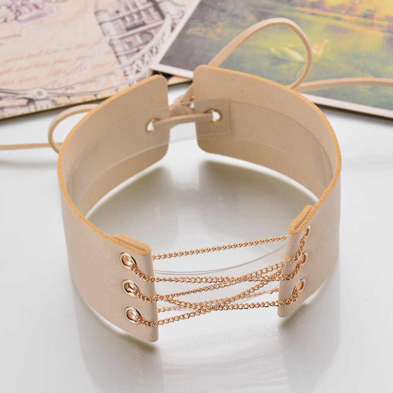 Statement Choker With Gold Chains, Beige