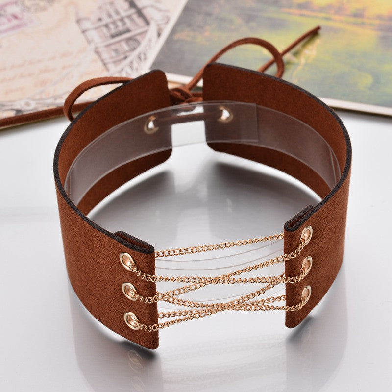 Statement Choker With Gold Chains, Brown