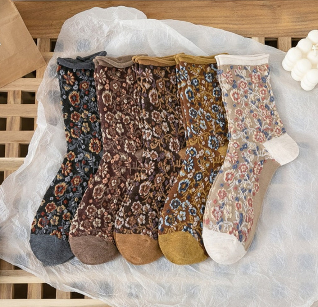 Cute Floral Fashion Socks, Mustard/Brown