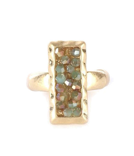 Iridescent Glass Bead Hammered Metal Stretch Ring, Green