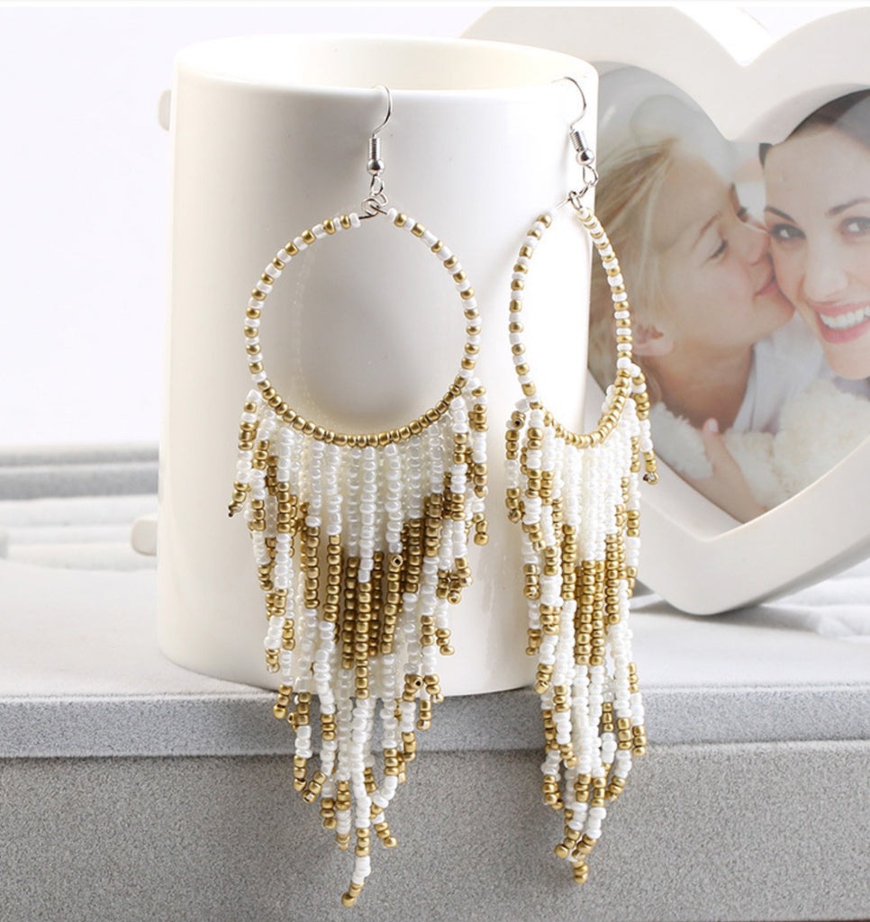 Boho Beads Long Tassel Earrings, White