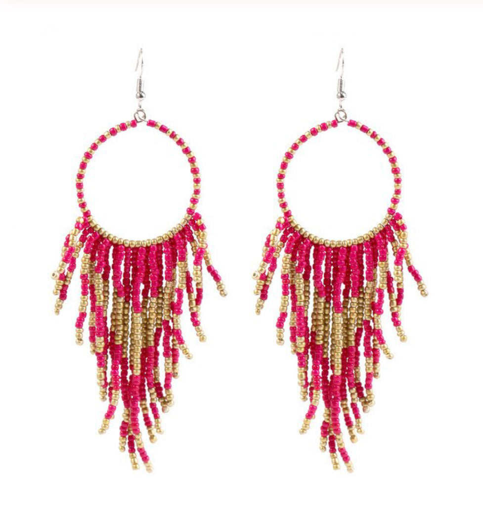 Boho Beads Long Tassel Earrings, Pink