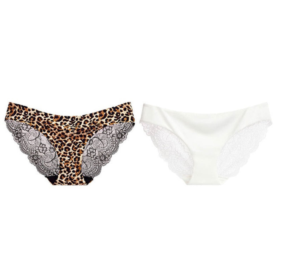 Set of 2 Lacy Low-Rise Panties, Leopard & White
