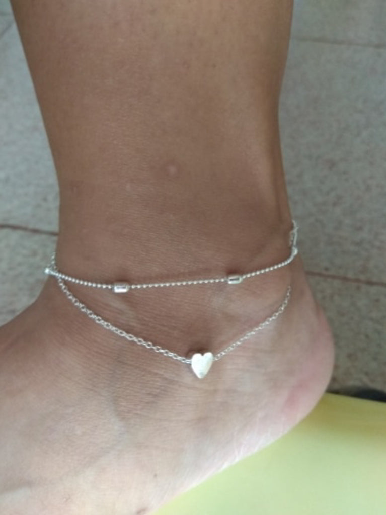 Layered Heart Ankle Bracelet, Silver
