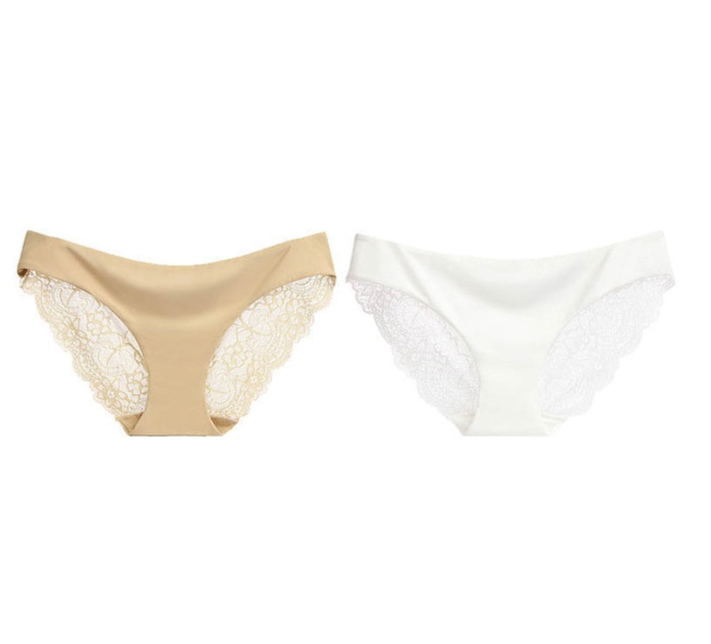Set of 2 Lacy Low-Rise Panties, Cream & White