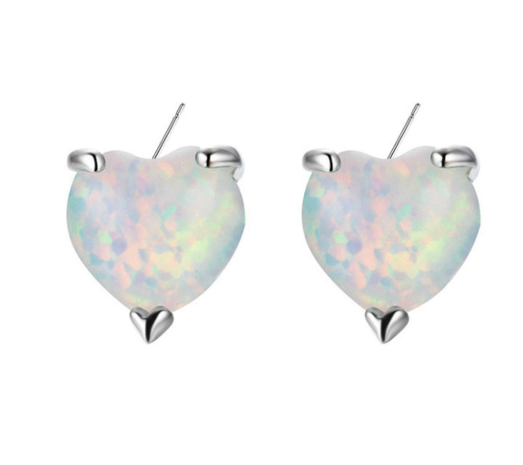 Fire Opal Stud Earrings, White Heart