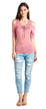Open Shoulder Lace Up Top, Dusty Pink