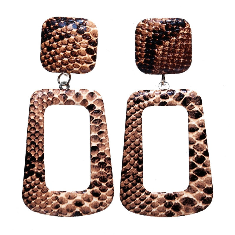 Snake Skin Geometric Drop Earrings, Brown