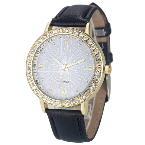 Leather & Rhinestone Quartz Watch, White