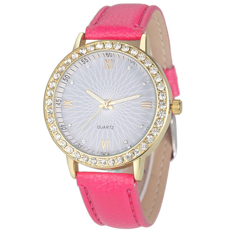 Leather & Rhinestone Quartz Watch, Pink