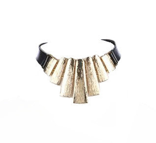 Gold Etched Metal Faux Leather Choker Necklace