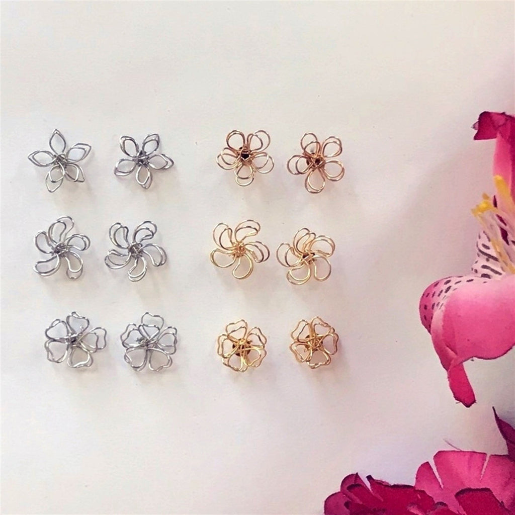 Wire Sculpted Flower Earrings, Gold Oval